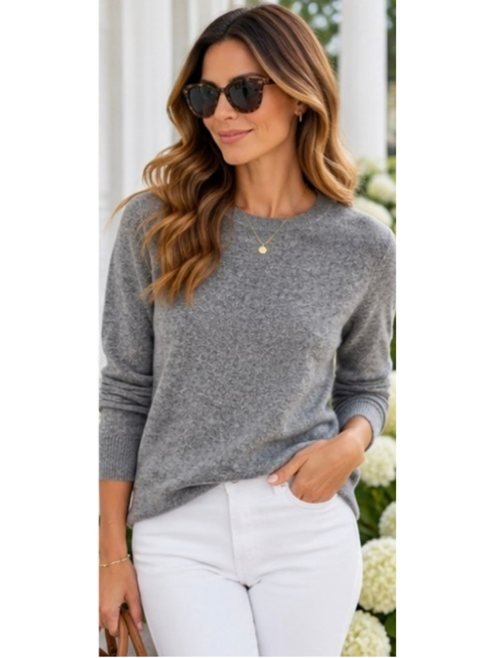 Women's Everlane Cashmere Crew Neck Sweater Grey Front Green Back & Cuffs Size S